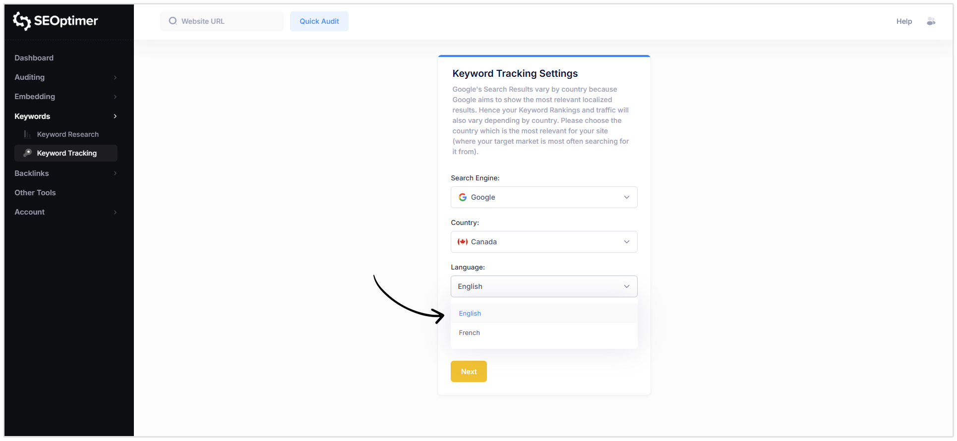 Language options in keyword tracking